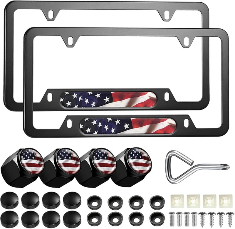 LIN KANG American Flag License Plate Frames - 2 Pack Patriotic Aluminum Metal Flying US Flag Car Tag Plate Frame Holder Covers with 4 Fluttering Flag Car Valve Caps and Screws - Image 1